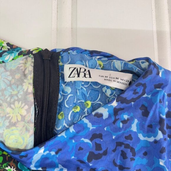Zara Draped Print Green Blue Floral Top Size US Medium Dainty Long Sleeve - Picture 6 of 8